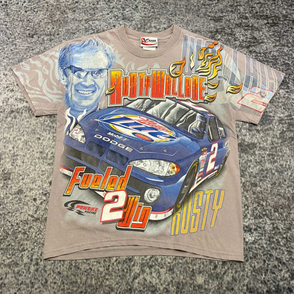 VTG Rusty Wallace Miller Lite T Shirt AOP Mens Mediumโ Gray #2 NASCAR Racing